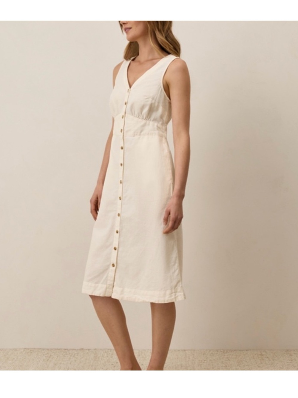 NWOT Pact Canopy Organic Cotton Linen Blend Button-Front Dress in Bone Sz S